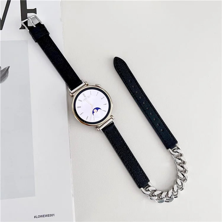 For Huawei Watch GT 4 41mm / Garmin Venu 3S 18mm Leather Watch Band Dual Layer Chain Bracelet Strap