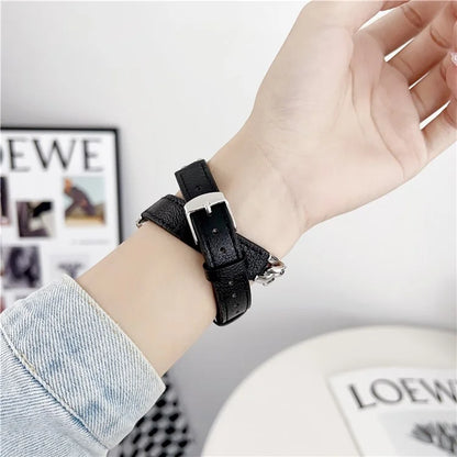 For Huawei Watch GT 4 41mm / Garmin Venu 3S 18mm Leather Watch Band Dual Layer Chain Bracelet Strap