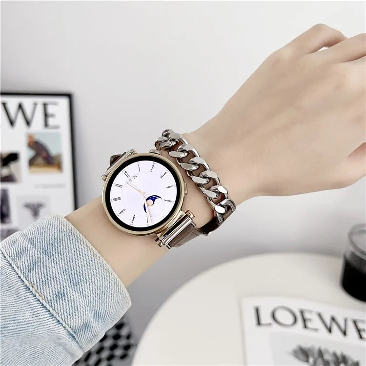 For Huawei Watch GT 4 41mm / Garmin Venu 3S 18mm Leather Watch Band Dual Layer Chain Bracelet Strap