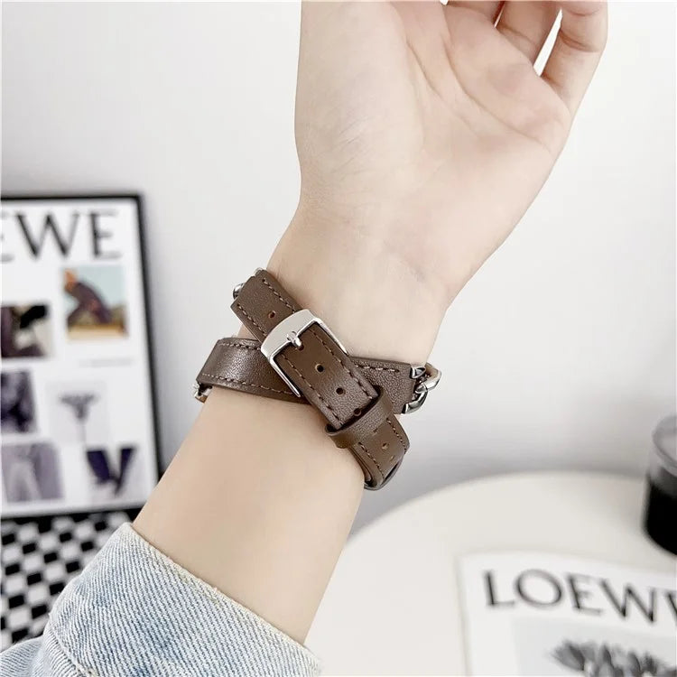 For Huawei Watch GT 4 41mm / Garmin Venu 3S 18mm Leather Watch Band Dual Layer Chain Bracelet Strap