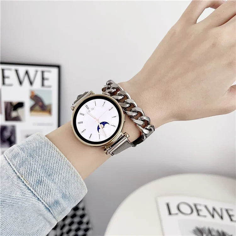 For Huawei Watch GT 4 41mm / Garmin Venu 3S 18mm Leather Watch Band Dual Layer Chain Bracelet Strap