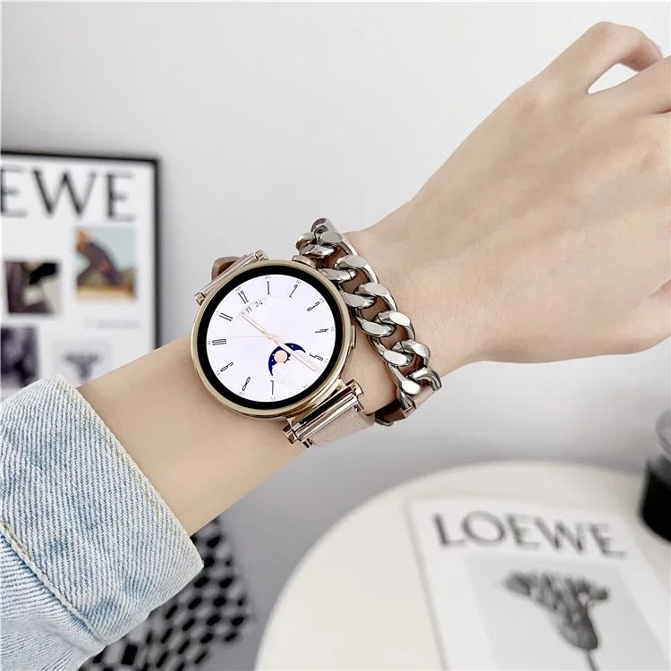 For Huawei Watch GT 4 41mm / Garmin Venu 3S 18mm Leather Watch Band Dual Layer Chain Bracelet Strap