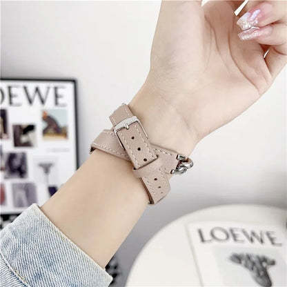 For Huawei Watch GT 4 41mm / Garmin Venu 3S 18mm Leather Watch Band Dual Layer Chain Bracelet Strap
