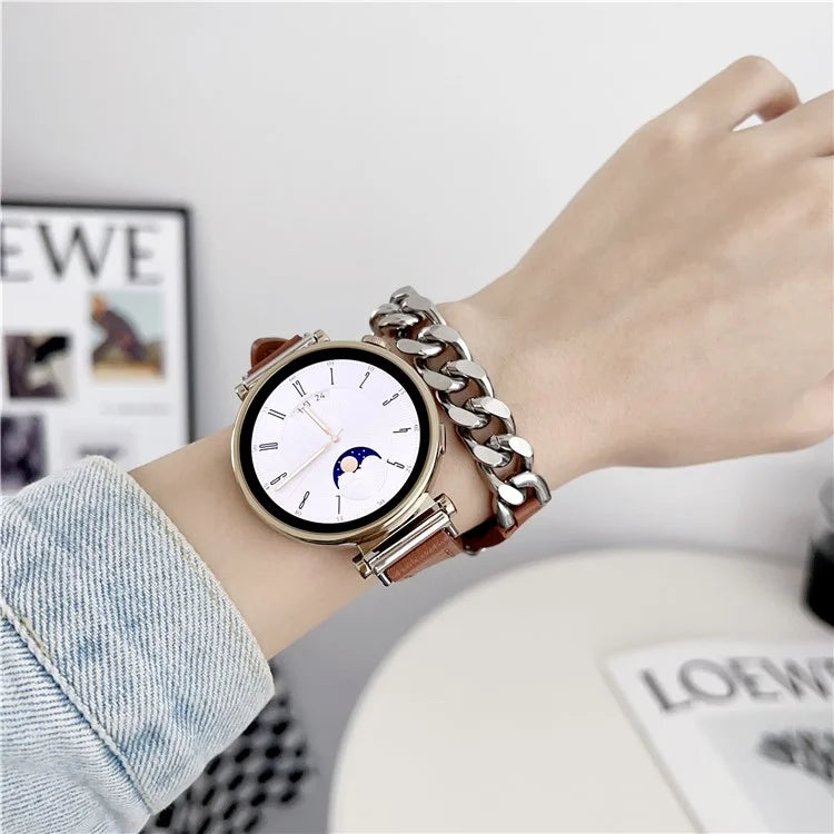 For Huawei Watch GT 4 41mm / Garmin Venu 3S 18mm Leather Watch Band Dual Layer Chain Bracelet Strap