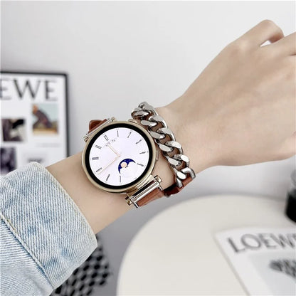 For Huawei Watch GT 4 41mm / Garmin Venu 3S 18mm Leather Watch Band Dual Layer Chain Bracelet Strap