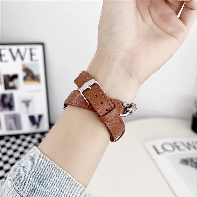 For Huawei Watch GT 4 41mm / Garmin Venu 3S 18mm Leather Watch Band Dual Layer Chain Bracelet Strap
