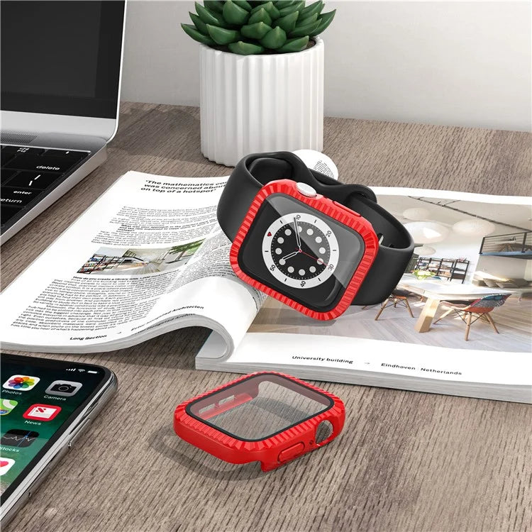 For Apple Watch Series 4 / 5 / 6 / SE / SE (2022) / SE (2023) 44mm Watch Case Textured PC Cover with Tempered Glass Film