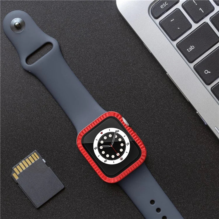 For Apple Watch Series 4 / 5 / 6 / SE / SE (2022) / SE (2023) 44mm Watch Case Textured PC Cover with Tempered Glass Film