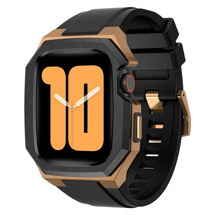 For Apple Watch SE (2023) SE (2022) SE Series 6 5 4 44mm Fluororubber Strap with Stainless Steel Watch Case  /  Gold