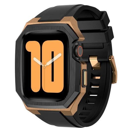 For Apple Watch SE (2023) SE (2022) SE Series 6 5 4 44mm Fluororubber Strap with Stainless Steel Watch Case  /  Gold