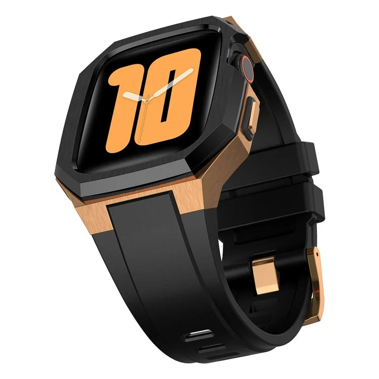 For Apple Watch SE (2023) SE (2022) SE Series 6 5 4 44mm Fluororubber Strap with Stainless Steel Watch Case  /  Gold