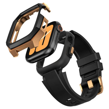 For Apple Watch SE (2023) SE (2022) SE Series 6 5 4 44mm Fluororubber Strap with Stainless Steel Watch Case  /  Gold