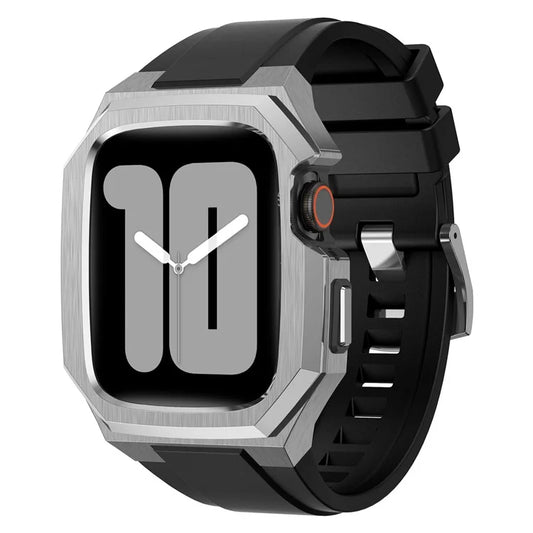 For Apple Watch SE (2023) SE (2022) SE Series 6 5 4 44mm Fluororubber Strap with Stainless Steel Watch Case