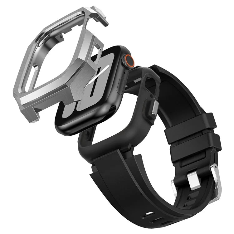 For Apple Watch SE (2023) SE (2022) SE Series 6 5 4 44mm Fluororubber Strap with Stainless Steel Watch Case