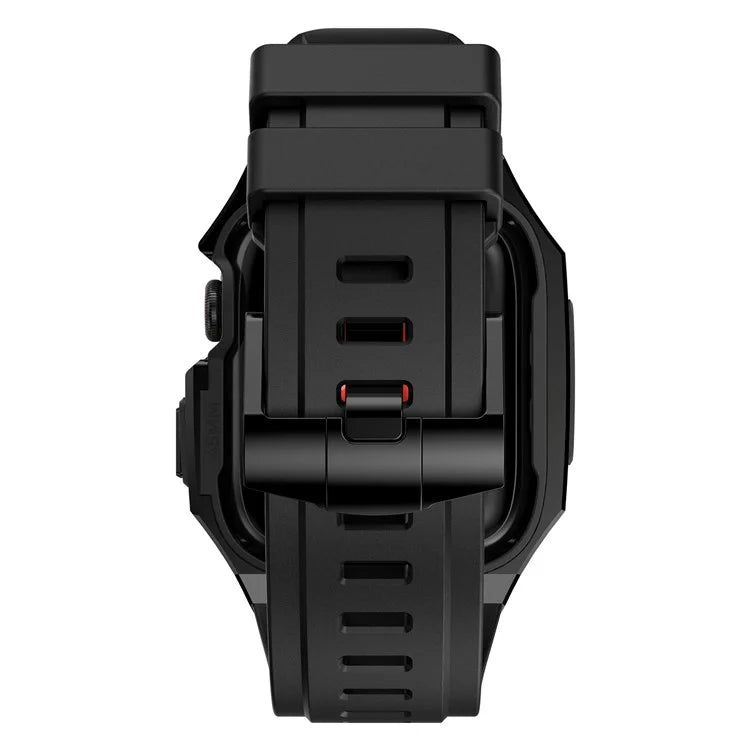 For Apple Watch Series 9 8 7 45mm Band Fluororubber Watch Strap with Stainless Steel Bezel Case