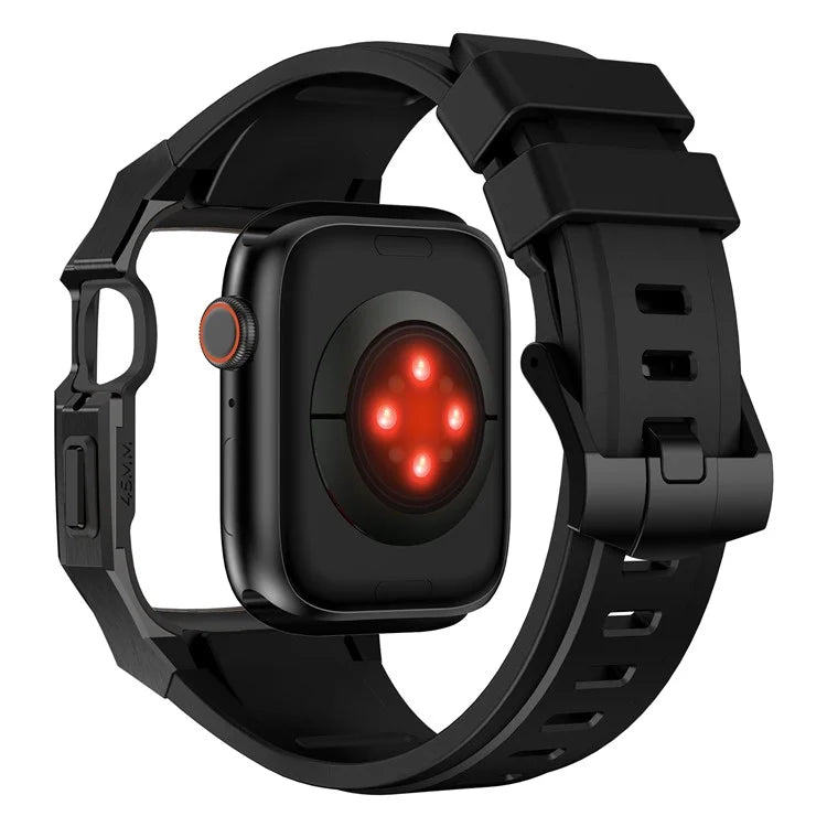 For Apple Watch Series 9 8 7 45mm Band Fluororubber Watch Strap with Stainless Steel Bezel Case