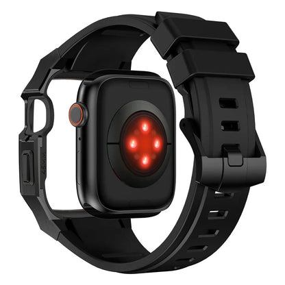 For Apple Watch Series 9 8 7 45mm Band Fluororubber Watch Strap with Stainless Steel Bezel Case