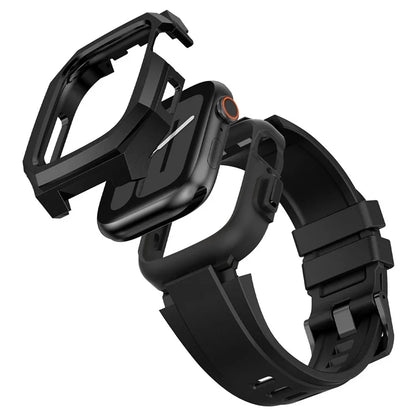 For Apple Watch Series 9 8 7 45mm Band Fluororubber Watch Strap with Stainless Steel Bezel Case
