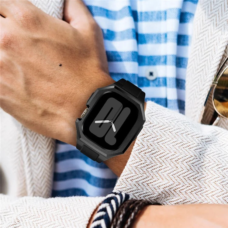 For Apple Watch Series 9 8 7 45mm Band Fluororubber Watch Strap with Stainless Steel Bezel Case