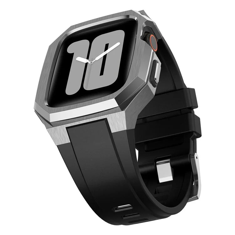 For Apple Watch Series 9 8 7 45mm Band Fluororubber Watch Strap with Stainless Steel Bezel Case