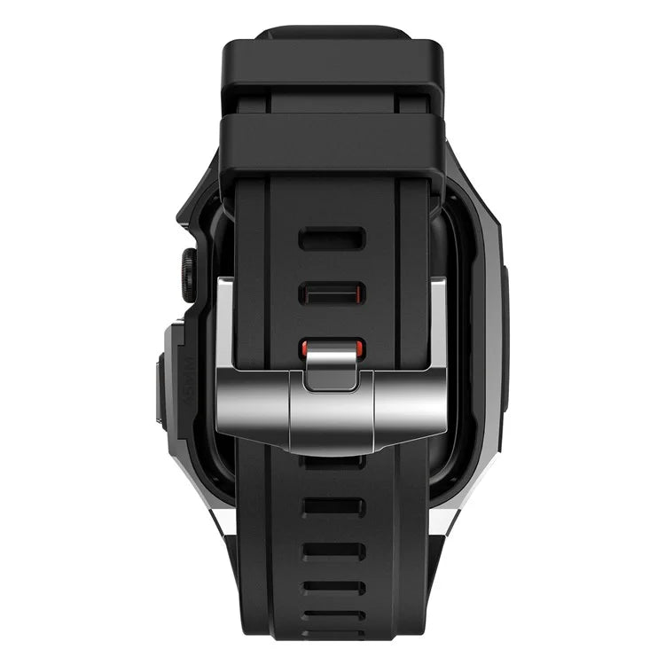 For Apple Watch Series 9 8 7 45mm Band Fluororubber Watch Strap with Stainless Steel Bezel Case