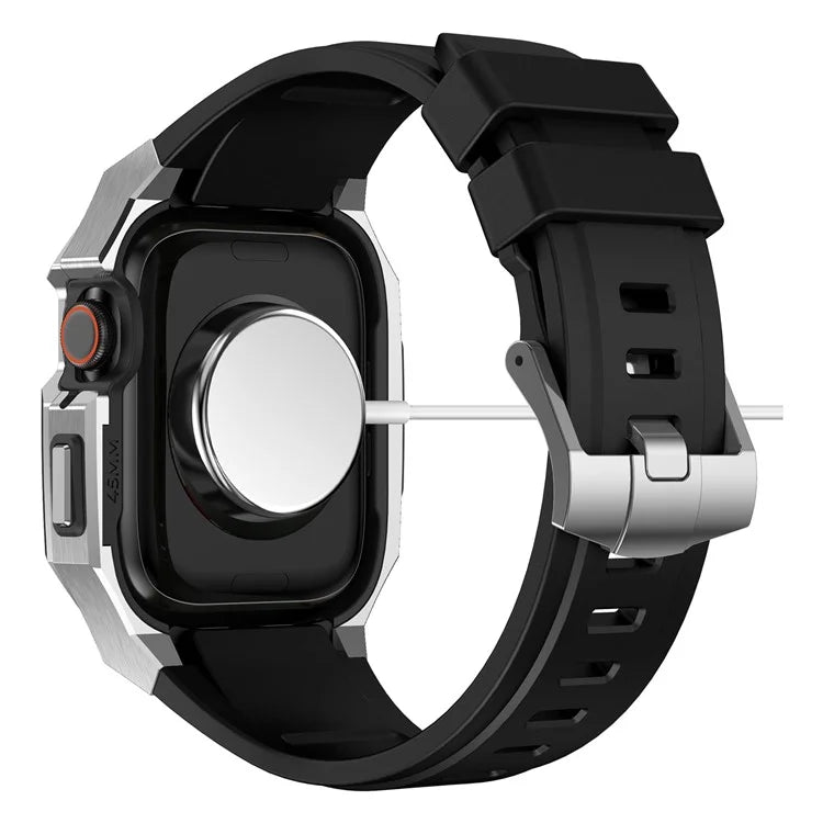 For Apple Watch Series 9 8 7 45mm Band Fluororubber Watch Strap with Stainless Steel Bezel Case