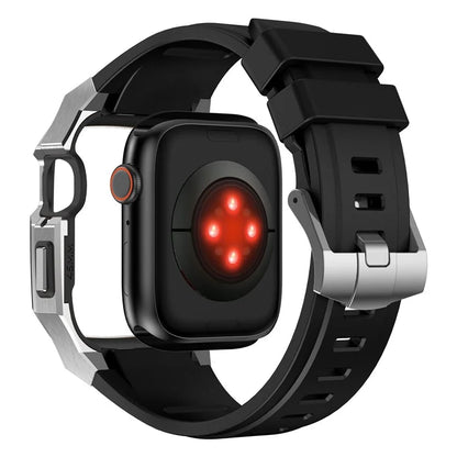 For Apple Watch Series 9 8 7 45mm Band Fluororubber Watch Strap with Stainless Steel Bezel Case