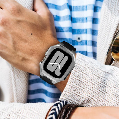 For Apple Watch Series 9 8 7 45mm Band Fluororubber Watch Strap with Stainless Steel Bezel Case