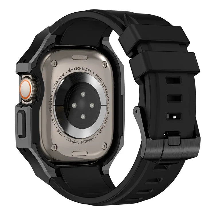 For Apple Watch Ultra 2 Ultra 49mm Soft Fluororubber Strap with Stainless Steel Wristwatch Case