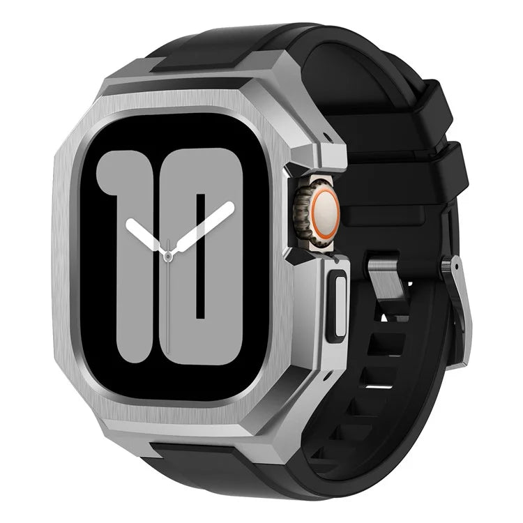 For Apple Watch Ultra 2 Ultra 49mm Soft Fluororubber Strap with Stainless Steel Wristwatch Case