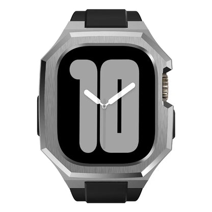 For Apple Watch Ultra 2 Ultra 49mm Soft Fluororubber Strap with Stainless Steel Wristwatch Case