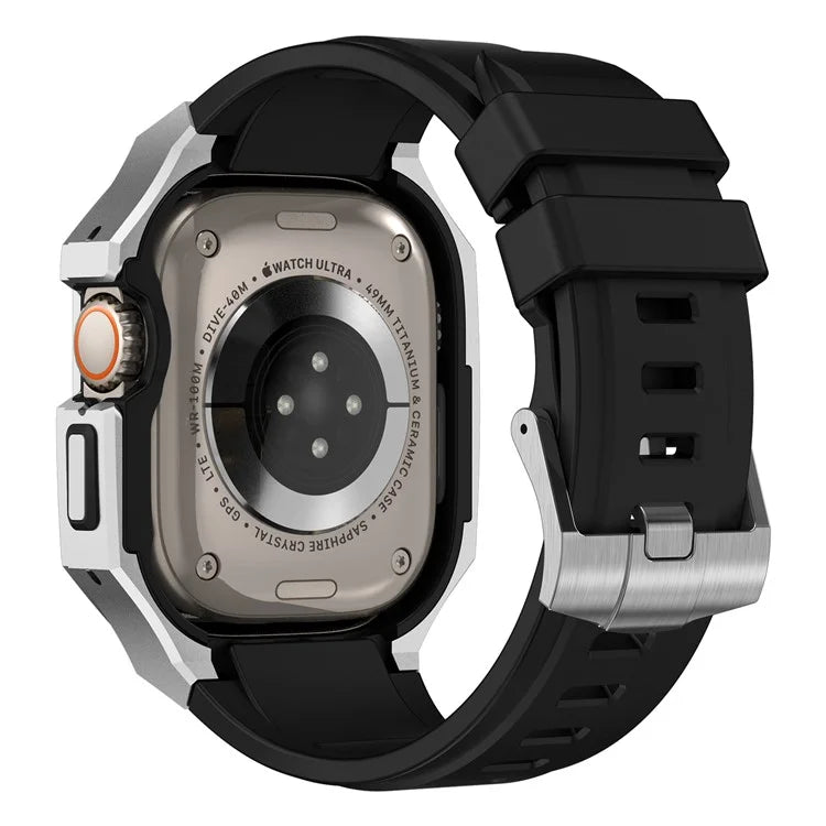 For Apple Watch Ultra 2 Ultra 49mm Soft Fluororubber Strap with Stainless Steel Wristwatch Case