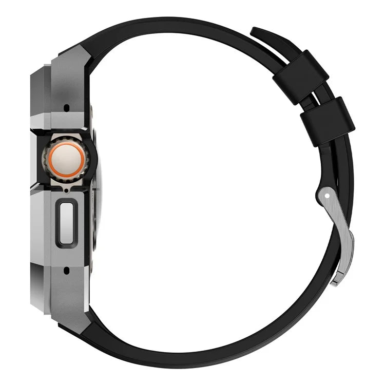 For Apple Watch Ultra 2 Ultra 49mm Soft Fluororubber Strap with Stainless Steel Wristwatch Case