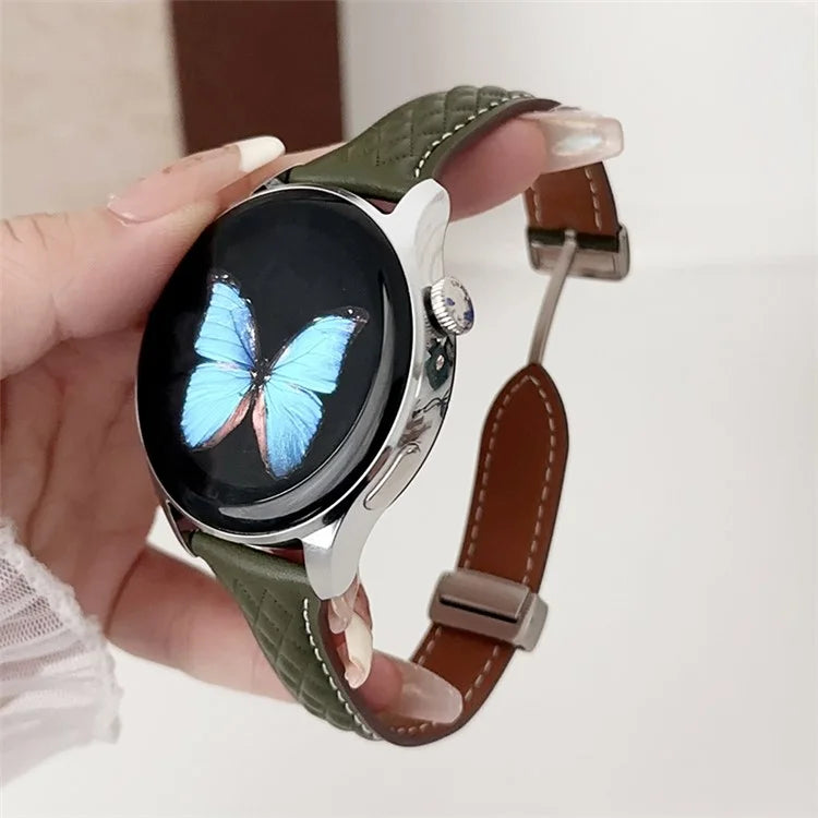 For Samsung Galaxy Watch3 45mm / Huawei Watch Ultimate Genuine Cow Leather 22mm Watch Band with Rhombus Pattern