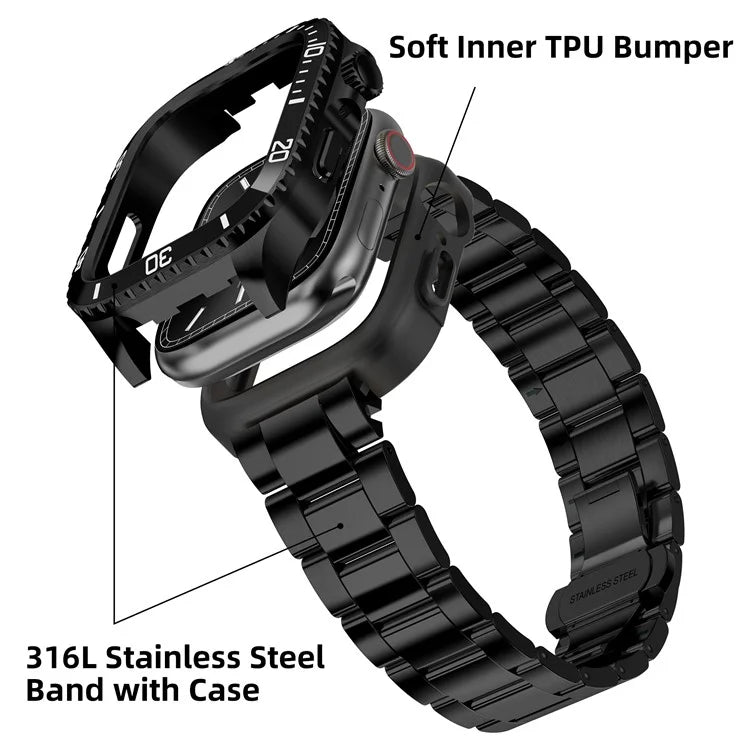 For Apple Watch SE (2023) / SE (2022) / SE / Series 6 5 4 44mm Integrated Stainless Steel Strap with Protective Case