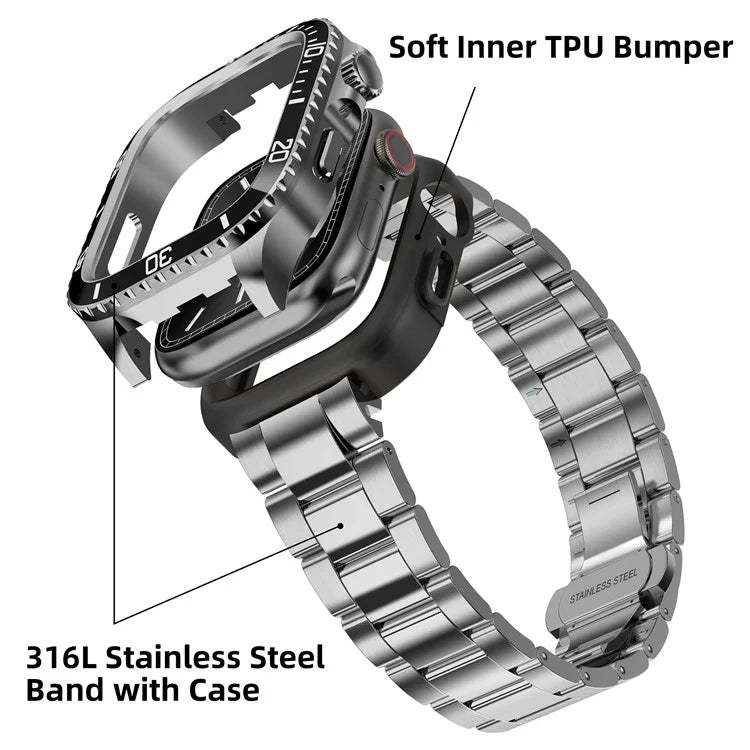 For Apple Watch SE (2023) / SE (2022) / SE / Series 6 5 4 44mm Integrated Stainless Steel Strap with Protective Case