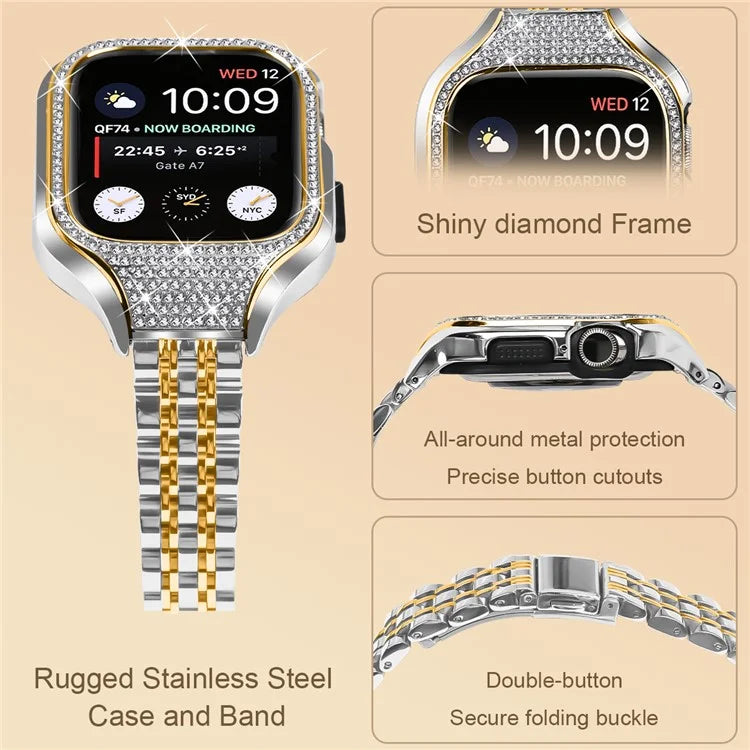 For Apple Watch Series 7 / 8 / 9 41mm Replacement 7 Beads Stainless Steel Strap with Watch Case