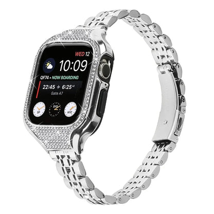 For Apple Watch Series 7 / 8 / 9 41mm 7 Beads Stainless Steel Watchband with Rhinestone Watch Case