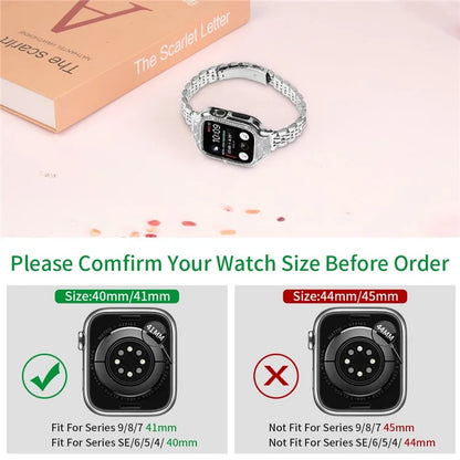 For Apple Watch Series 7 / 8 / 9 41mm 7 Beads Stainless Steel Watchband with Rhinestone Watch Case