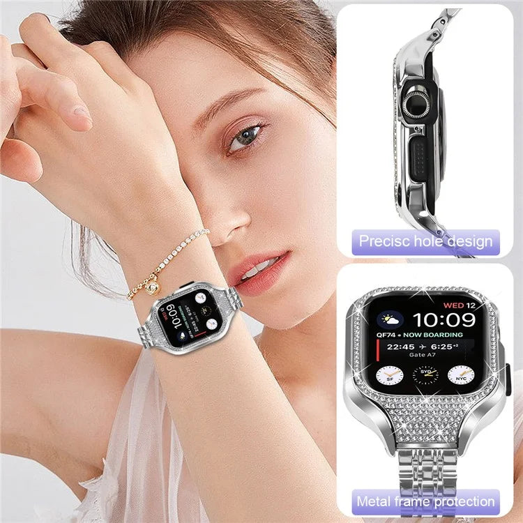 For Apple Watch Series 7 / 8 / 9 41mm 7 Beads Stainless Steel Watchband with Rhinestone Watch Case