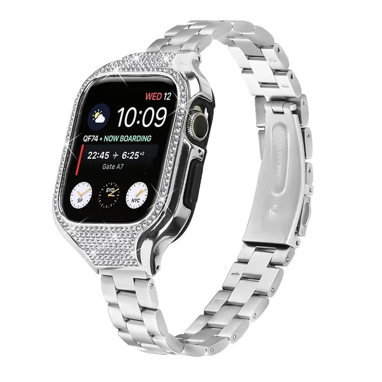 For Apple Watch Series 7 / 8 / 9 41mm Folding Buckle 3 Beads Stainless Steel Watch Strap with Watch Case