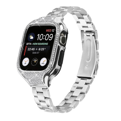 For Apple Watch Series 7 / 8 / 9 41mm Folding Buckle 3 Beads Stainless Steel Watch Strap with Watch Case