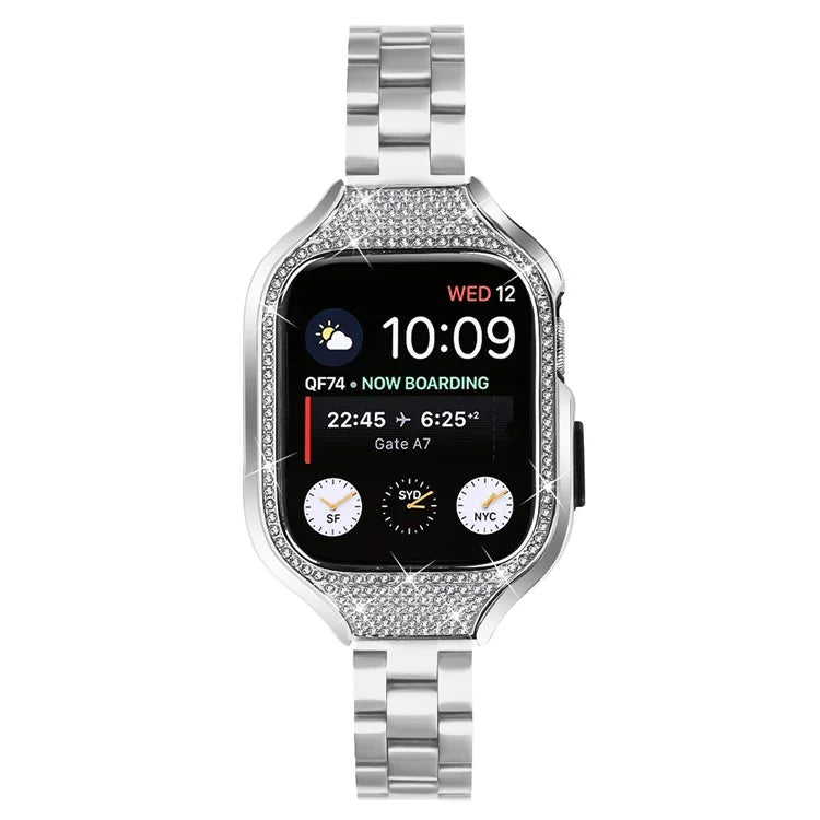 For Apple Watch Series 7 / 8 / 9 41mm Folding Buckle 3 Beads Stainless Steel Watch Strap with Watch Case
