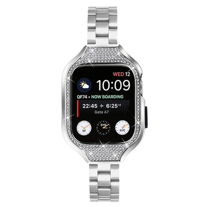 For Apple Watch Series 7 / 8 / 9 41mm Folding Buckle 3 Beads Stainless Steel Watch Strap with Watch Case