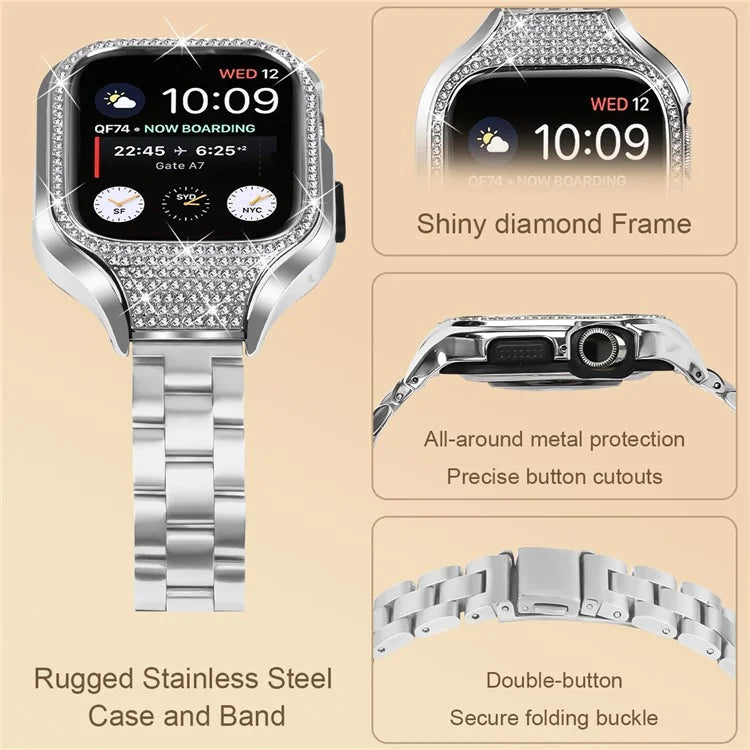 For Apple Watch Series 7 / 8 / 9 41mm Folding Buckle 3 Beads Stainless Steel Watch Strap with Watch Case
