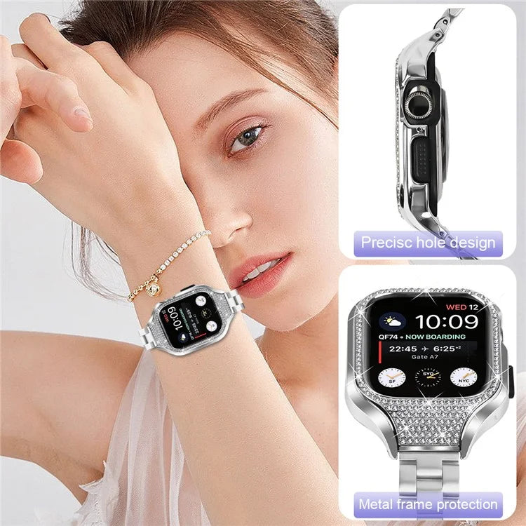 For Apple Watch Series 7 / 8 / 9 41mm Folding Buckle 3 Beads Stainless Steel Watch Strap with Watch Case