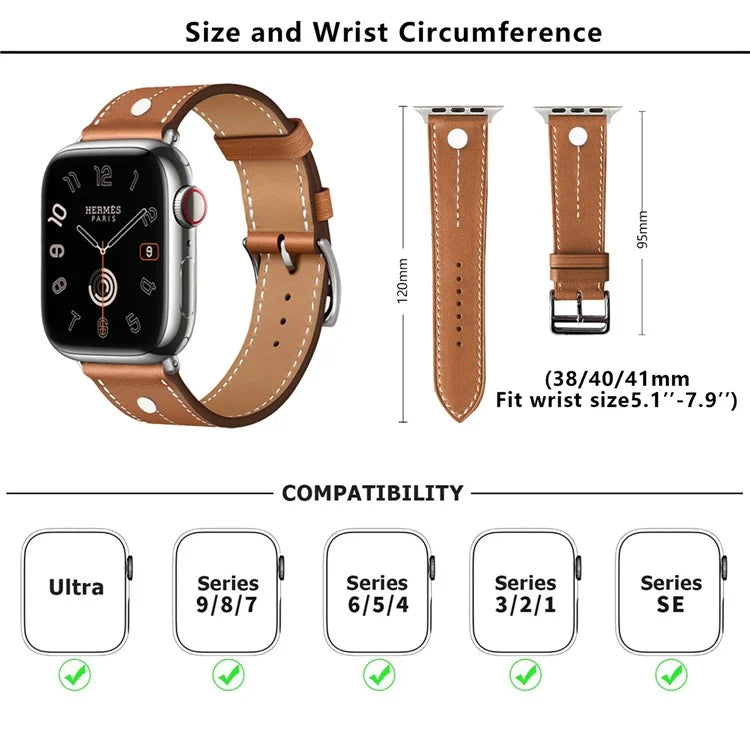KALEBOL For Apple Watch Series 9 8 7 41mm / 6 5 4 SE (2023) SE (2022) SE 40mm / 3 2 1 38mm Genuine Cow Leather Band Rivet Decor