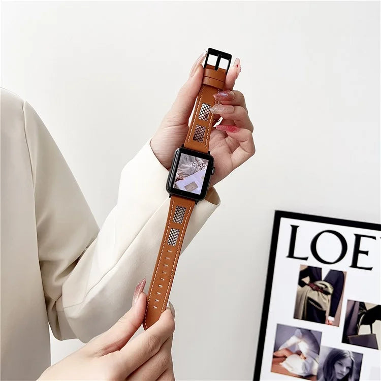 For Apple Watch Series 9 8 7 41mm / 6 5 4 SE (2023) SE (2022) SE 40mm / 3 2 1 38mm PU Leather Watch Band with Mesh