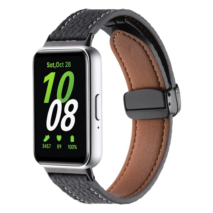 For Samsung Galaxy Fit3 Watch Strap Litchi Texture Genuine Cow Leather Magnetic Band