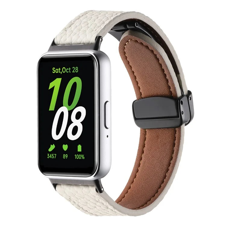 For Samsung Galaxy Fit3 Watch Strap Litchi Texture Genuine Cow Leather Magnetic Band